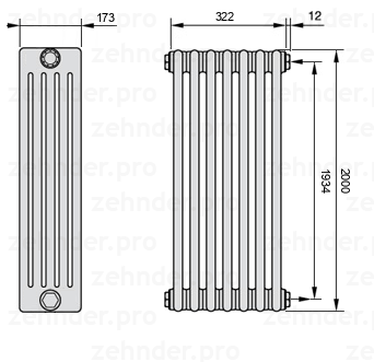 Схема (чертеж) Радиатор Zehnder Charleston 5200/7 №7610 Белый глянцевый RAL 9016